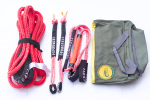 This kit includes 1pc*Kinetic Rope, 100% double braided Nylon 9m Breaking Strength: 5000kg 2pcs*Soft Shackles(with Black Eye), Australian made 50cm Breaking Strength: 8500kg 1pc*Bridle Rope( Equaliser), Australian made 3m*5800kg 1pc*Carry Bag 