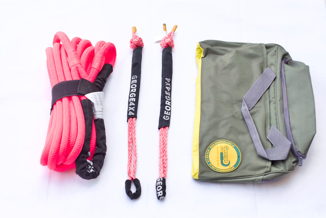 This kit includes 1pc*Kinetic Rope, 100% double braided Nylon 17mm*9m Breaking Strength: 6000kg 2pcs*Soft Shackles, designed with Black eye, Australian made Total length: 50cm Breaking Strength: 8500kg  1pc*Carry Bag 