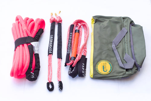 This kit includes 1pc*Kinetic Rope, 100% double braided Nylon 9m Breaking Strength: 6000kg 2pcs*Soft Shackles(with Black Eye), Australian made 50cm Breaking Strength: 8500kg 1pc*Bridle Rope( Equaliser), Australian made 3m*5800kg 1pc*Carry Bag 