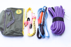 This kit includes 1pc*Kinetic Rope, 100% double braided Nylon 9m Breaking Strength: 7000kg 2pcs*Soft Shackles(with Black Eye), Australian made 60cm Breaking Strength: 13300kg 1pc*Bridle Rope( Equaliser), Australian made 3m*8000kg 1pc*Carry Bag 