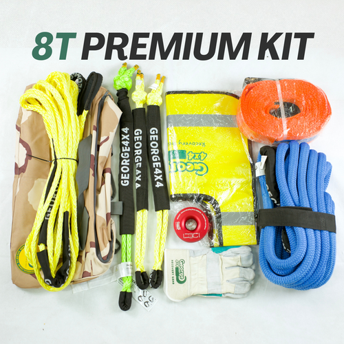 This kit includes a 100% double-braided Nylon Kinetic Rope that can handle at least 8,600kg of force. It also features one heavy-duty Australian-made Soft Shackle rated at 19,800kg, along with two Soft Shackles rated at 13,300kg each. Additionally, the kit contains a 14,000kg Tree Trunk Protector, a 20-metre long Australian-made Winch Extension of 9,500kg, a 11,000kg Winch Pulley Ring designed for soft shackles, a Winch Line Damper, a pair of Gloves, and a Camouflage Carry Bag.