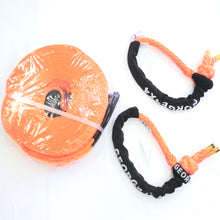 Load image into Gallery viewer, George4x4 Tow Strap Soft Shackle Combo This kit includes 1pc*Winch Extension Strap, Australian made Length: 9m Breaking Strength: 14000kg 2pcs*Soft Shackle, Australian made 65cm*15000kg (Orange/Purple diamond) DESCRIPTIONS:  Soft shackles are hand made and designed in Australia The Winch Extension Strap can be used as a long tree saver The combo can be used for winches of 25000lbs, 21000lb, 20000lbs, 17000lbs, 16000lbs, 13000lbs, 12000lbs, 11000lbs and 9500lbs.